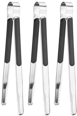 M METERXITY 3-Pack Grill Tongs, 10 Inch Non-Slip 410 Stainless Steel Locking Tongs for Cooking/Buffet/Outdoor Barbecue, Korean BBQ Tweezers Metal Clamp Tool [Black]