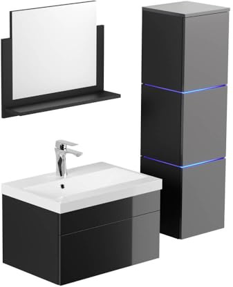 Home Deluxe - Badmöbel-Set - WANGEROOGE Schwarz - Large - inkl. Waschbecken und komplettem Zubehör - Breite Waschbecken: ca. 60 cm I Badezimmermöbel Waschtisch Badmöbelset