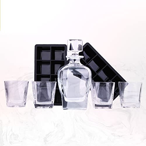 Bella amazing- Premium Glas Scotch Dekanter von 7 Stück. Diese Bourbon Dekanter-Likör Set wird mit 4 Whisky-Gläsern und 2 extra große Silikon Eis Cube Formen. Ideal für Home Bars, & Gifts.