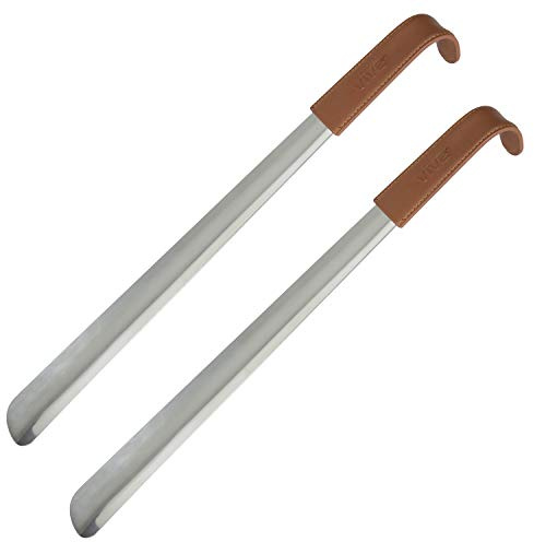 Vive Long Shoe Horn (2 Pack) - Metal Shoehorn for Men, Women, Kids, Travel, Boot - Large Extended Mobility Reach Stainless Steel Leather Handle - Dress Assist for Handicap, Elderly, Seniors (16.5 in)