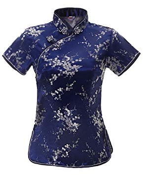 ACVIP Chemisier chinois à manches courtes pour femme avec col montant et brocart Qipao, bleu, 46