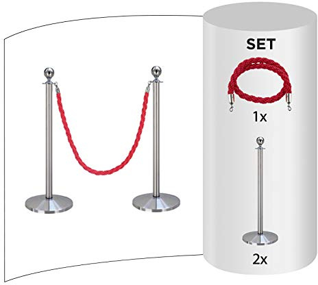 Set da 2 pezzi FLEXIBARRIER Sistema di controllo della folla con cordone -Basic- (Argento) Supporto per cordone/Supporto per barriera (2 pali + 1 cordone rosso)