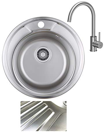 VBChome Inbyggd diskbänk med armatur fi 490 mm linnestruktur från 45 underskåp rostfritt stål diskbänk rund diskbänk förvaringsyta dräneringsyta camping avloppssats sifon kran inox rostfritt stål