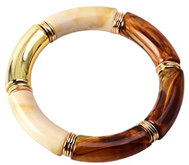 GOOJIDS Simple Beaded Gold Plated Bangles Bracelet Chunky Bamboo Tube Curved Stacking Clear Acrylic Colorful Beads Stretchable Gold Plated Bracelets Set For Women