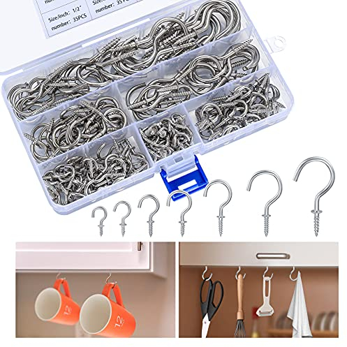 Bateya 160 Pieces Multi-Size Screw Hooks Ceiling Cup Hooks for Hanging, Nickel Plated Hook Holder Metal Screw-in Hooks Screw Small Hook Set for Indoor Outdoor Use