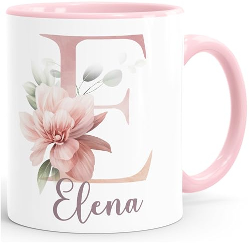 SpecialMe® Kaffee-Tasse Name Initiale Blumen Eukalyptus Floral Monogramm personalisierte Geschenke Rosa Keramik-Tasse