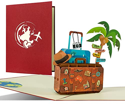 Reisegutschein, Gutscheinkarte mit Pop-up 3D Koffer für Urlaub I Geschenk für eine Weltreise, Kreuzfahrt, Reise, Hotel I Schöne Geschenkidee, C28