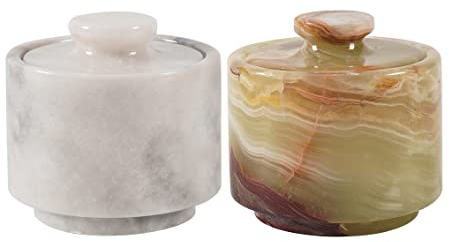 MARBLOUS KRAFTS Salero de mármol con tapa de 7,6 cm, salero y pimentero de ónix blanco y verde. Ideal para guardar en casa, en la cocina o como decoración de mesa