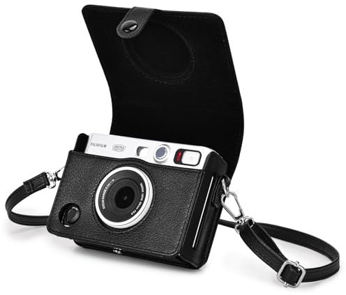 Rieibi Instax Mini EVO Camera Case - Vintage PU Leather Protective Case for Fuji Instax Mini EVO Instant Camera - Removable Case with Adjustable Shoulder Strap - Black