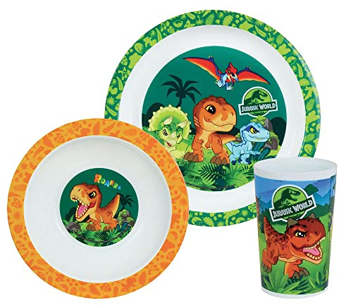 Fun House 0066 Jurassic World Dinosaurier-Mahlzeitenset für Kinder mit 22 cm flacher Teller, 16 cm tiefer Teller und einem Glas 220 ml, Mehrfarbig, 3-teilig