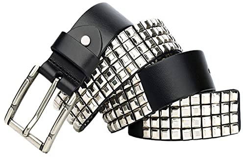 Echtleder Ledergürtel Punk Rock Nietengürtel 4 Reihen Pyramidennieten Metall Ledergürtel Jeans Rock Cosplay Gürtel Stücke für Damen Herren,38mm Breit,Schwarz,120cm/waist:40~42