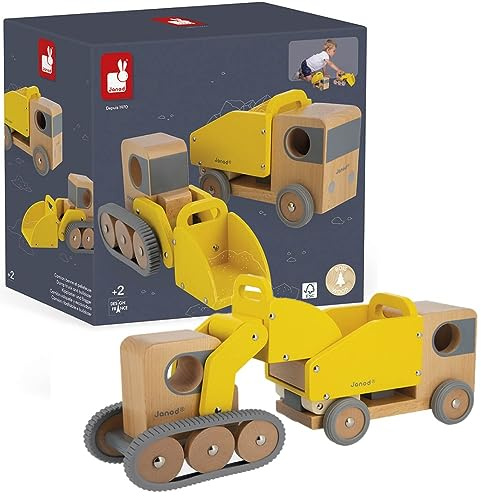 Janod - Camion Benne et Pelleteuse en Bois Massif Bolid - Roues Silencieuses - Imagination et Motricité Fine - Certifié FSC - Peinture à l'eau - Dès 2 Ans, J04634