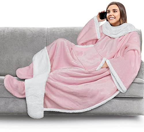 PAVILIA Fleecedecke mit Ärmeln, Fußtaschen für Damen, Herren, Erwachsene, Plüschdecke, Überwurf, warme Decke, gemütliches Geschenk
