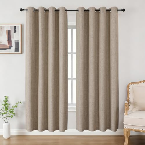 CUCRAF 100% Blackout Curtains 72 inches Length 2 Panels Set, Room Darkening Linen Textured Curtain Grommet for Bedroom Living Room, Light Blocking Thermal Insulated Drapes (52 x 72 Inch,Linen)