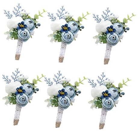 Ansofi 6 Stück staubige Blaue Boutonniere für Männer, Hochzeit, weiße Rose, Eukalyptus, Bräutigam, Trauzeugen, Knopflöcher für Hochzeit, Party, Abschlussball, Dekoration