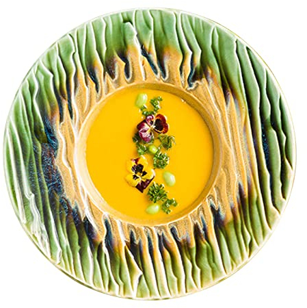 Plato Sopero Grande con Borde, Cuenco De Pasta De Cerámica con Borde, Cuenco De Cocina para Servir Ensaladera, Cuenco para Microondas Horno Seguro-Verde Y Amarillo-25x25x4.5cm