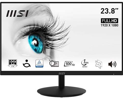 MSI PRO MP242ADE 23,8 Zoll Full HD Office Monitor - 1920 x 1080 IPS-Panel, 100Hz, augenschonender Bildschirm, VESA-Montage, integrierte Lautsprecher, Display-Kit, neigbar - HDMI 1.4b, DP 1.2a