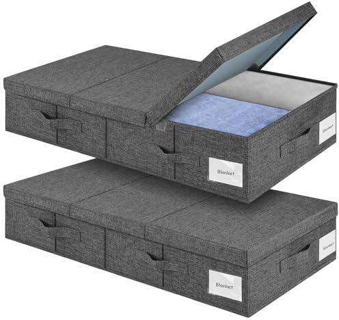 Eurhomewit Unterbett Aufbewahrungsbox, Faltbar Unterbett Aufbewahrung, 2 Stück Unterbettkommode mit 4 Griffen, Bettkasten Aufbewahrung für Kleidung/Decke, Unterbettbox mit Deckel-Dunkelgrau
