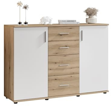 Kommode BC 1040 in weiß matt, Absetzung Eiche Rustikal Optik - Moderne Kommode mit viel Stauraum - 120 x 84 x 35 cm (B/H/T)