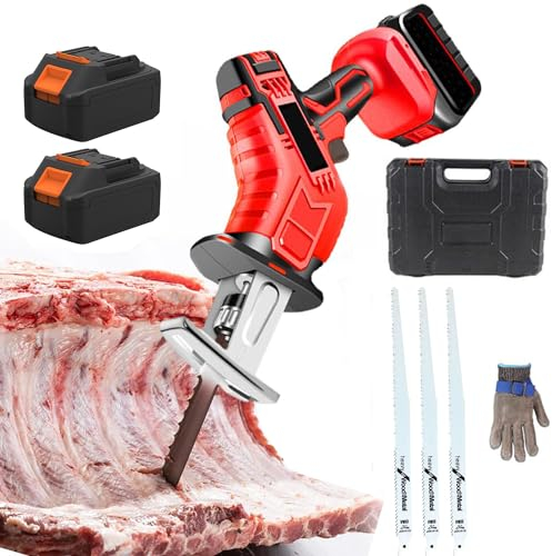 Sierra alternativa eléctrica/máquina de sierra para huesos inalámbrica de 48V con 2 baterías de 3000mAh+hoja de sierra de 3 piezas,corte eficiente y rápido de carne, huesos y alimentos congelados