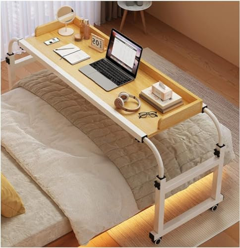 GJVBGA Mobiler Betttisch Auf Rollen, Bett-Beistelltisch Für Krankenbett, Pflegebett, Laptoptisch, Höhenverstellbar/breitenverstellbar, Mobiler Schreibtisch, Overbed Table(Color:Holz)
