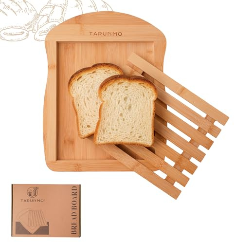 TARUNMO Tabla de pan de bambú con bandeja para migas, 34 x 26 cm, tabla de cortar de bambú natural de alta calidad para cocina, tablas de cortar de madera ecológicas