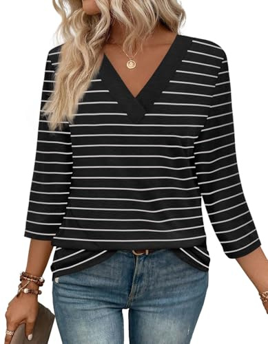 WIHOLL Plus Size Tunic Tops for Women Long Sleeve Shirts Striped V Neck Work Blouses Summer Clothes 2026 XXL