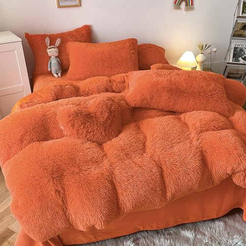 RCLONGEU Housse de Couette en Peluche 2 Taie d'oreiller Parure de Lit Polaire Flanelle Chaud Hiver - Linge de lit 2 Personnes Duveteux avec Fermeture Éclair (Orange,220X240 cm-2.0m lit)