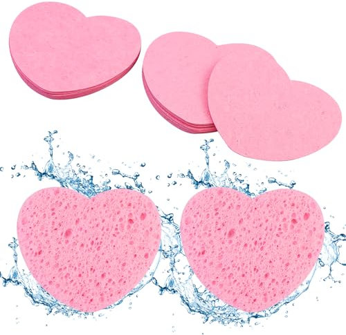 22 spugne per il viso compresse, morbida cellulosa, spugna per il trucco, alta capacità di pulizia per la pulizia del viso, massaggi, maschera peeling pori (cuore)