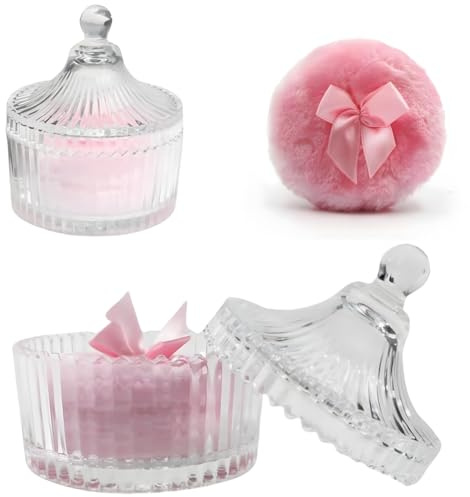 Habitable tree 2 Pcs Large Body Powder Puff and Container Powder Container with Puff Powder Puff Crystal Container Soft Washable Reusable Velour Face Body Glitter Powder Puff Wet Dry Makeup (Pink)