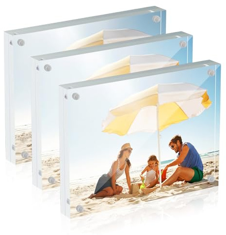 display4top 3 Pack 6×8 Inch (15×20 cm) Acrylic Photo Frame, Double Sided Magnetic Picture Frame, Free Standing Desktop Clear Transparent Frameless Home Decor for Photograph Display, 20mm Thick