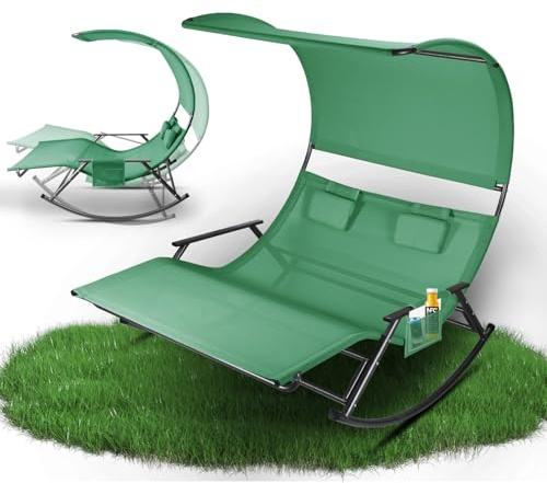 Jaxguom Doppelliege Outdoor, doppel Schaukelliege bis 250 kg, sonnenliege für 2 Personen, mit Sonnendach, Tasche, Atmungsaktives Gewebe, Vielseitige Farbwahl für Garten, Balkon, Terrasse(Grüner)