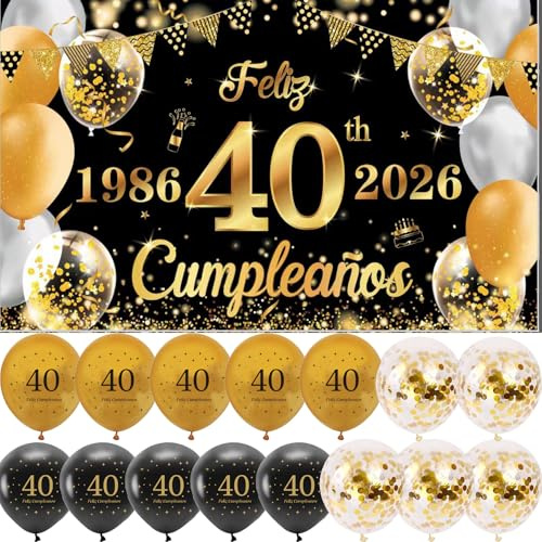Pancarta Cumpleaños 40 1986-2026 +15 Globos Banderola de Feliz 40 Años