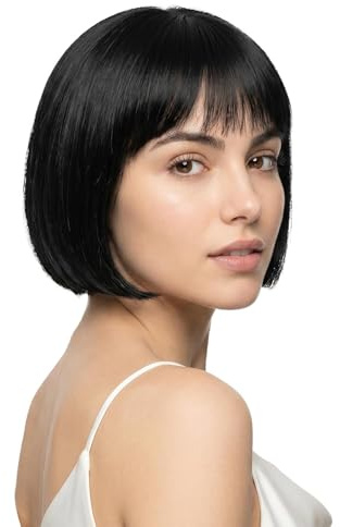 PORSMEER Perruques carrées courtes et droites avec frange, noires, pour femme, perruque de cheveux synthétiques naturels, pour carnaval, cosplay, fête d'Halloween