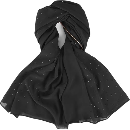 Chiffong hijab, hijab halsduk för kvinnor, 180 x 71 cm mjuk lång chiffong med strass, modehalsduk, svart för muslimsk huvudsjal halsdukar gåvor, Svart, en storlek
