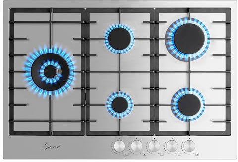 Gurari Gaskochfeld 75 cm Edelstahl GCH FG 755 Einbau Gasherd mit 5 Flammen • Hochleistungs-WOK-Brenner 4,0 kW • Erdgas & Propan • Massive Gusseisenroste • Modernes Design trifft Profi-Qualität