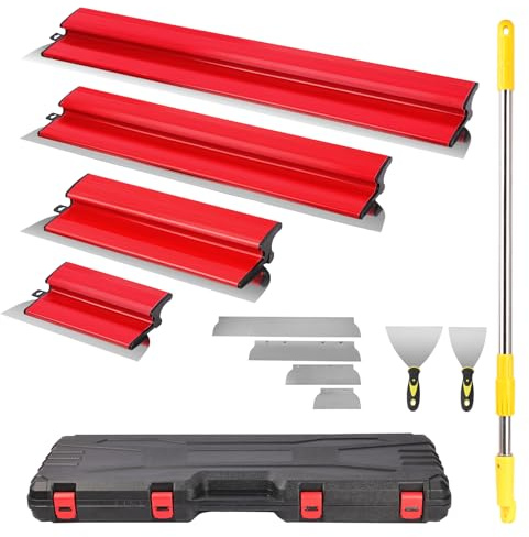 11Pcs Spatule Enduit, Jeu De Grattoirs Professionnels Avec Manche Télescopique/Boîte de Rangement, Grattoirs en Acier Inoxydable Parfaitement Lisses 25/40/60/80 CM, pour Ciment Et Béton, Construction