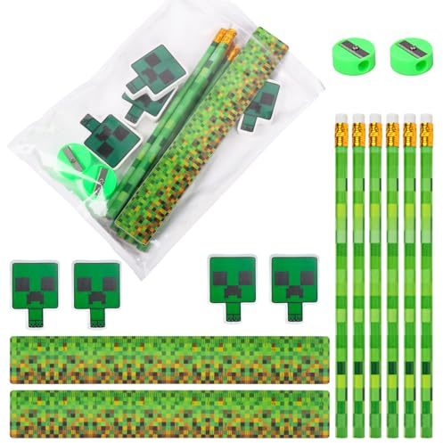 Unvtap Pixel Schreibwaren Set 14 Stück Miner Bleistifte mit Radiergummi, Lineal, Anspitzer, Pixel Stifte Set für Schulanfang, Geschenk & Miner Theme Gastgeschenke für Geburtstag