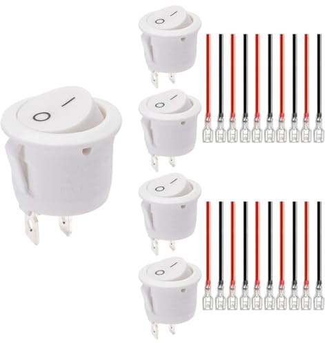 Powice 5X Kippschalter Mit Verkabelung12V/6A,Runder Selbstsichernder 2 Poliger Schalter 12V,Schalter12V/230V Geeignet für den Einbau in Häusern, Autos und Elektrischen Geräten(Weiß)