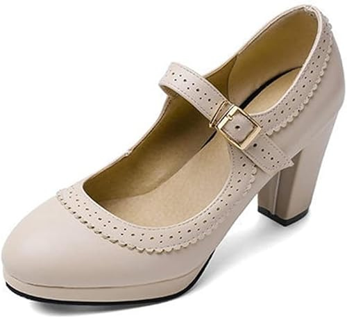 Mary Jane Oxford Pumps Rund Tå Genomborrad Mid Heel Oxfords Finskor Retro Plattform Rockabilly Sko Med Ankelrem, Black, 5 UK