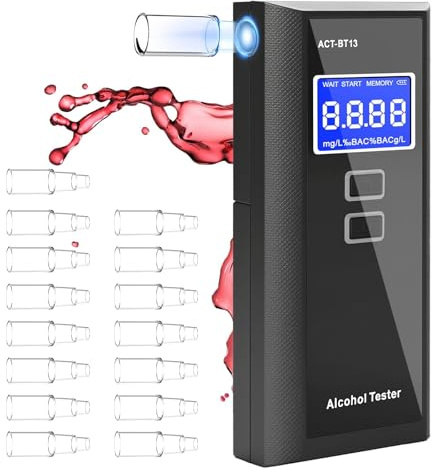 Rhyhome Alkoholtester Polizeigenau Professioneller Alkotester mit digitaler LCD-Anzeige Promillemessgerät Atemalkoholtester mit 15 Mundstücken & Tragetasche für Haushalt/Privat Partys