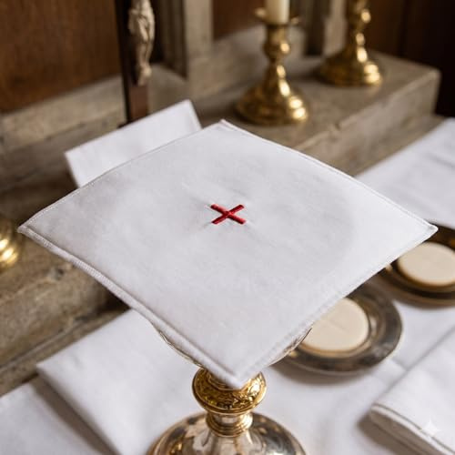 Single Altar Linen White Church 5 Pall 100% Cotton with Red Embroidered Cross Chalice veil Chalice cover