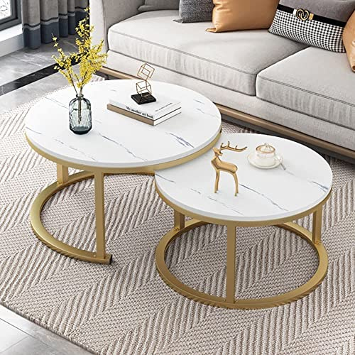 LISHEUK Satztisch-Couchtisch, 2er-Set, stapelbare Beistelltische, Glatte Tischplatte aus gehärtetem Glas für das Wohnzimmer, runde Sofatische aus Metall – 80 x 45 + 60 x 38 cm /