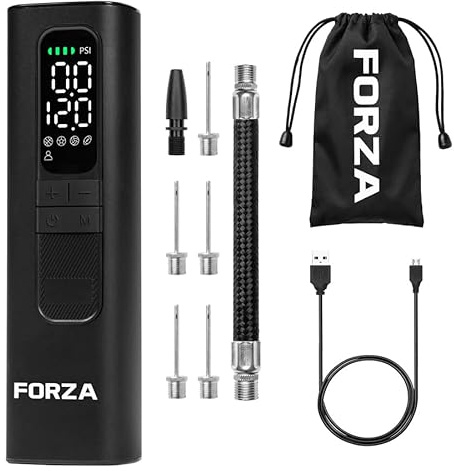 FORZA Digital Ball Pump│Rechargeable Electric Air Pump with LED Torch - Includes Needles & Flexible Hose – Portable Football, Rugby, Basketball & Netball Inflator (With Pack of Five Needles)