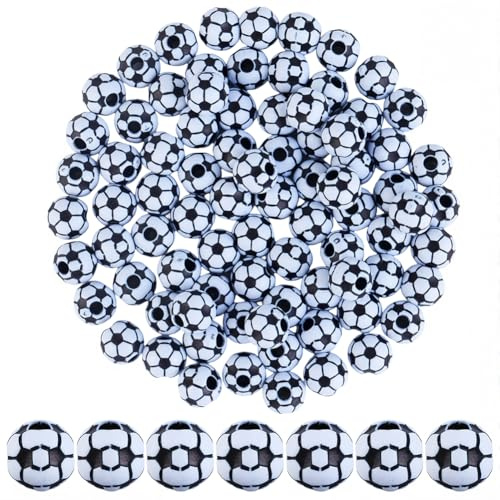 SUNNYCLUE 100Pcs Acrylic Soccer Ball Bead Round Sports Beads Bulk 11.5mm Big Five Football Leagues in Europe Balls Shaped Loose Spacers for Jewellery Making Bracelet Necklace Lanyard Keychains DIY