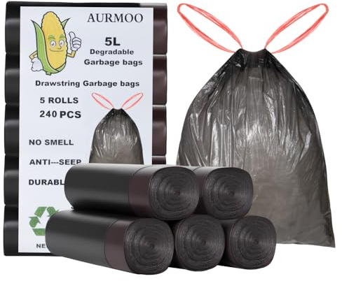 AURMOO Soppåse 5L med Dragband, Müllbeutel, Biologiskt Nedbrytbara Soppåsar med Dragsnöre, Droppsäker Sopsäckar, Bioavfallspåsar, 240 Stycken, B32XH35cm, Svart