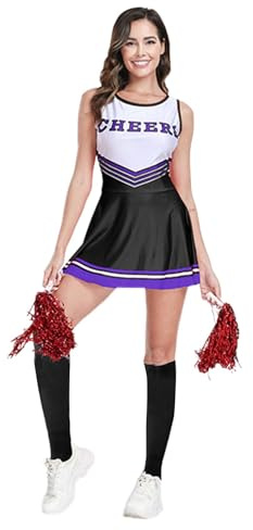 Generisch Cheerleader Kostüm Damen - Faschingskostüme Sexy Cheerleading Faschingskostüm Karneval Kostüme mit Pompons Chearleader Gruppenkostüm Football Cheerleaderkostüm Karnevalskostüm, Schwarz S