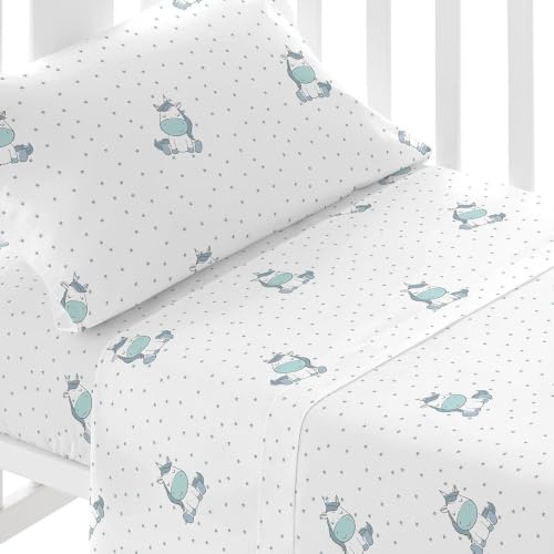 TRAMAS+ Juego Sábanas Cuna 60x120 100% algodón, Juego de sábanas para Bebe, Ropa de Cuna, Sábana Bajera, encimera y Funda de Almohada - Estampado Unicornio, Celeste