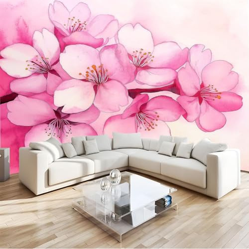 Generico Fiori Di Ciliegio Eleganti In 3D E Acquerello Carta da Parati Effetto 3D, 350 x 256 cm Fotomurale Tessuto non Tessuto | Decorazione Carta da Parati Fotomurali Camera da Letto, Rosa Chiaro