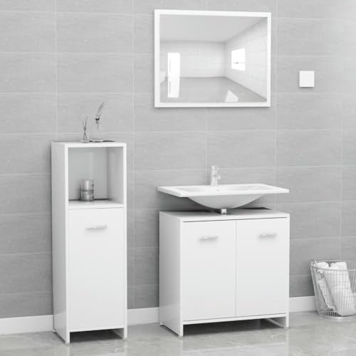 LoogCape 3-Piece Bathroom Furniture Set Made of Wood Material with Tall Cabinet Sink Cabinet and Mirror Bathroom Furniture Set for Washbasin, Storage, Storage Space, Guest Toilet and Laundry Room